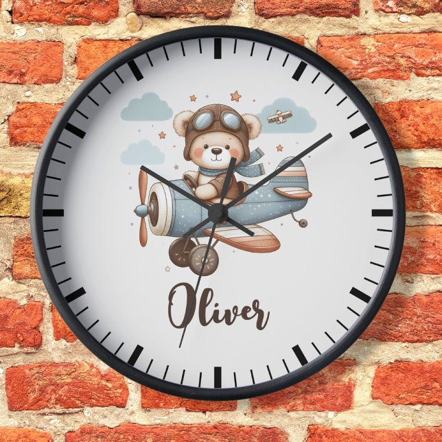 Cute Pilot Teddy Bear Personalized Clock (Creator Uploaded)