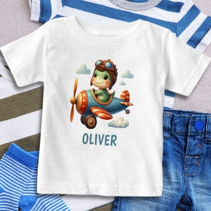 Cute Pilot Trex Dinosaur Flying a Blue Airplane Baby T-Shirt