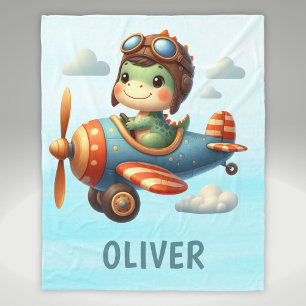 Cute Pilot Trex Dinosaur Flying a Blue Airplane Fleece Blanket
