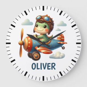 Cute Pilot Trex Dinosaur Flying a Blue Airplane Large Clock