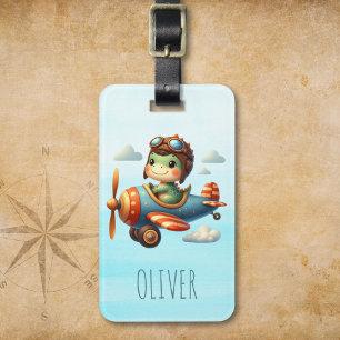 Cute Pilot Trex Dinosaur Flying a Blue Airplane Luggage Tag