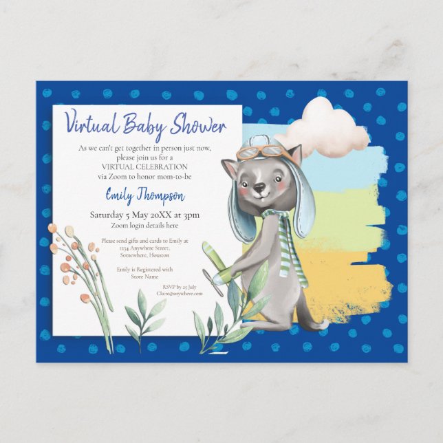 Cute Pilot Wolf Polka Dot Blue Virtual Baby Shower Invitation Postcard (Front)