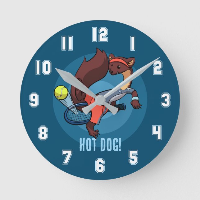 Cute Pine Marten Hot Dog Tennis Shot Cartoon Round Clock (Front)