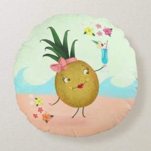 Cute Pineapple Character at the Beach Round Pillow