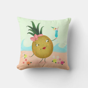 Cute Pineapple Character at the Beach Throw Pillow