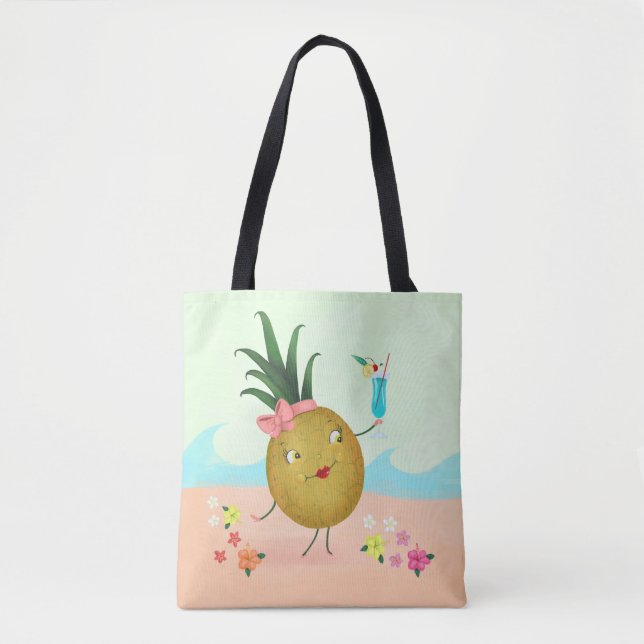 Cute Pineapple Character at the Beach Tote Bag (Front)