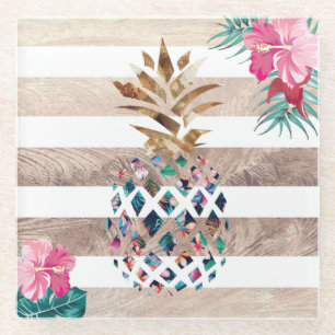 Cute Pineapple gold striped design Glass Coaster