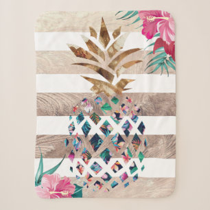 Cute Pineapple gold striped Sherpa Blanket