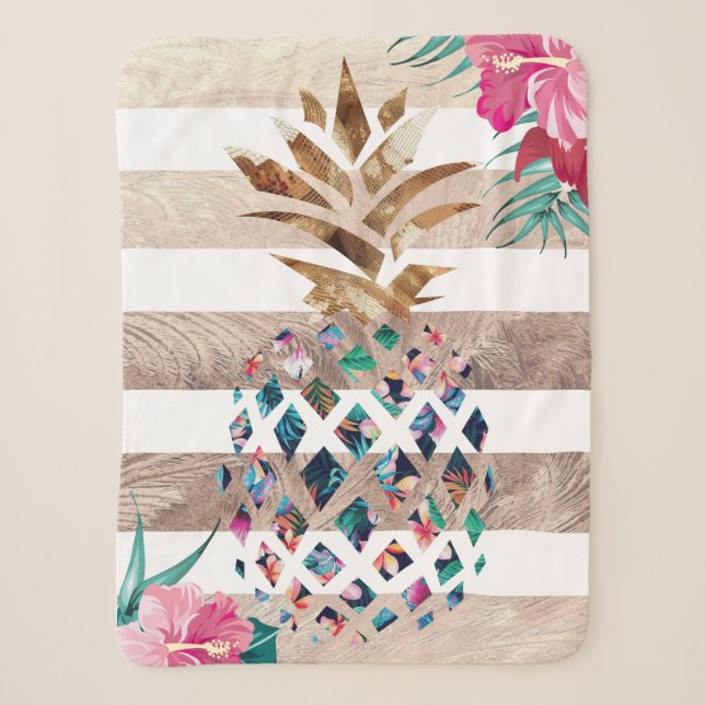 Cute Pineapple gold striped Sherpa Blanket (Front)