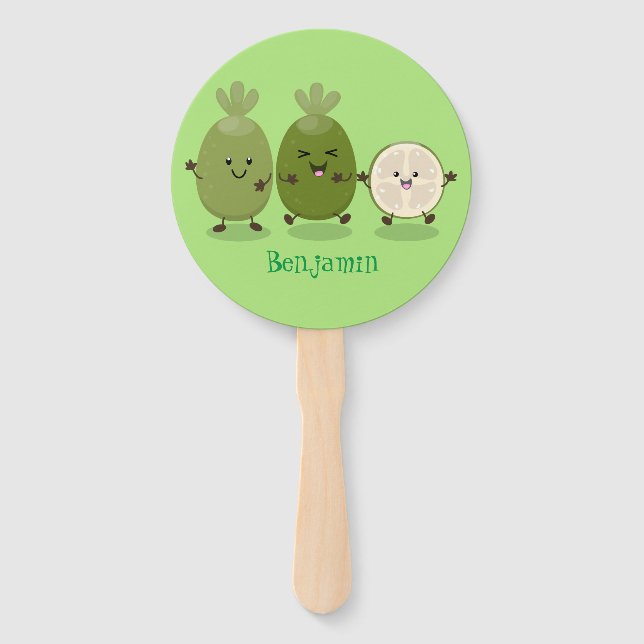Cute pineapple guava feijoa cartoon illustration hand fan (Front)