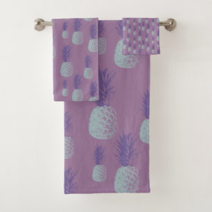 Cute Pineapple Pattern in Bright Blue and Purple Bath Towel Set