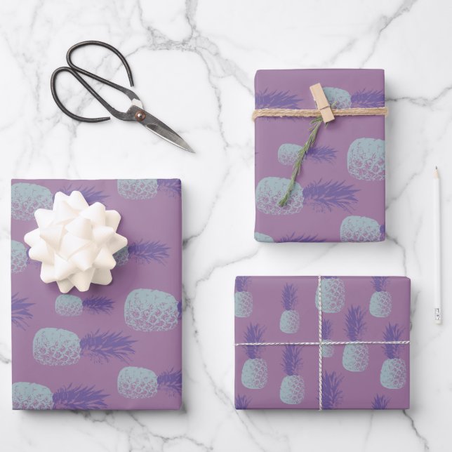 Cute Pineapple Pattern in Bright Blue and Purple  Wrapping Paper Sheet (Front)