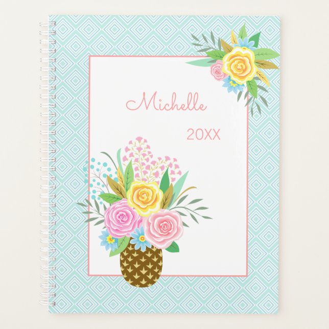 Cute Pineapple Roses Bouquet Pink Turquoise Big Planner (Front)