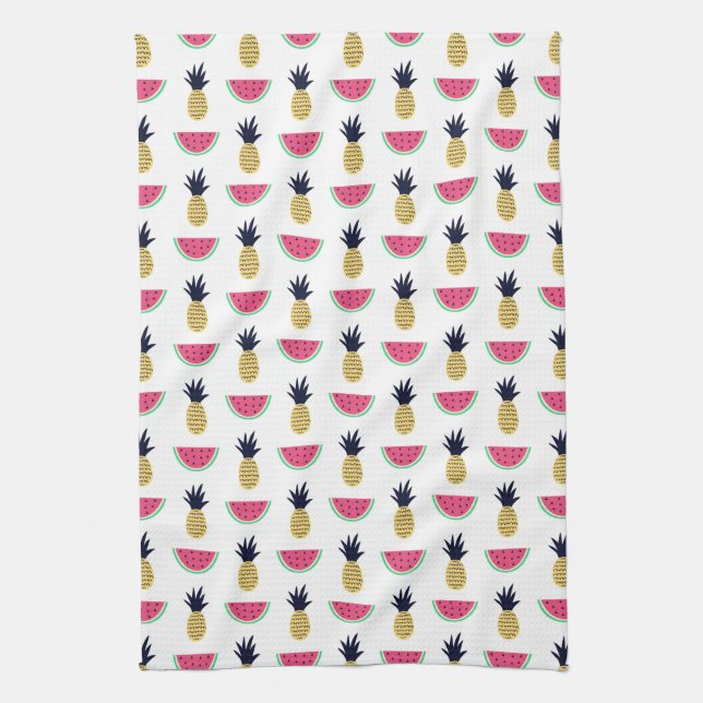 Cute Pineapple & Watermelon Doodle Pattern Kitchen Towel (Vertical)