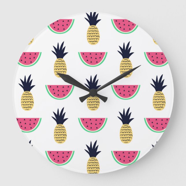 Cute Pineapple & Watermelon Doodle Pattern Large Clock (Front)