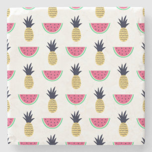 Cute Pineapple & Watermelon Doodle Pattern Stone Coaster