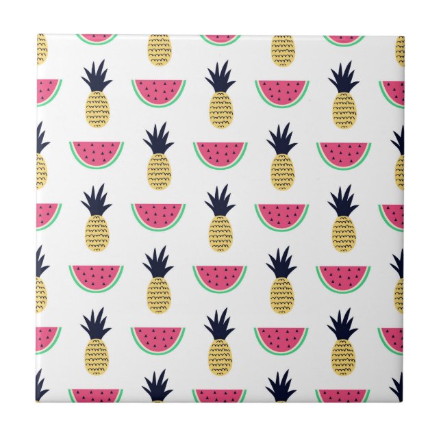 Cute Pineapple & Watermelon Doodle Pattern Tile (Front)