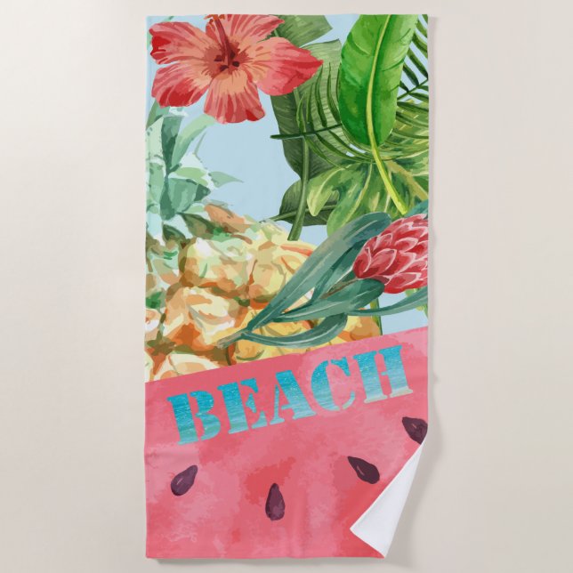 Cute  Pineapple Watermelon Hibiscus Palm Leaves Beach Towel (Front)