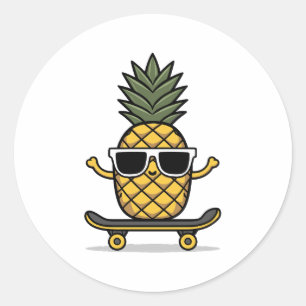Cute Pineapple with Sunglasses on a Skateboard Classic Round Sticker