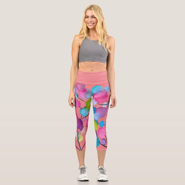 Cute pink abstract watercolor colourful tree art capri leggings (Front)