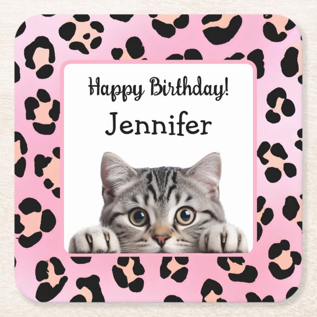 Cute Pink Adorable Cat Birthday Paper Coaster (Front)