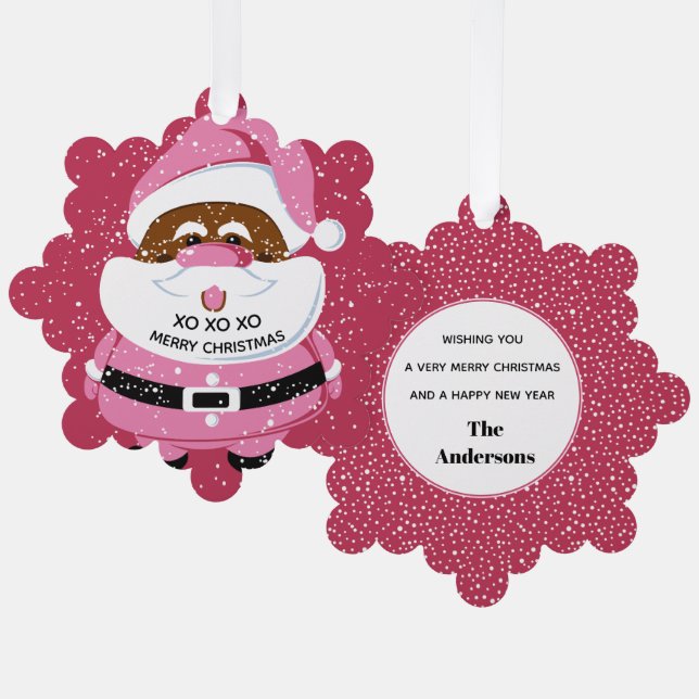 Cute pink African-American Santa Claus Christmas Ornament Card (Front/Back)