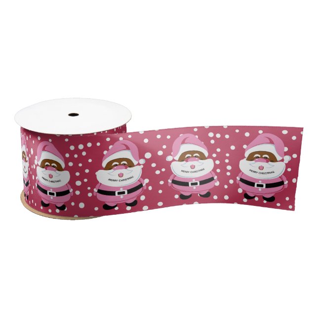 Cute pink African-American Santa Claus Christmas Satin Ribbon (Spool)