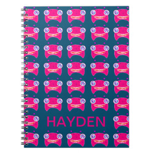 Cute Pink Alien Monsters Pattern Blue Personalised Notebook