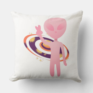 Cute Pink Alien Peace Sign Galaxy Vector Throw Pillow