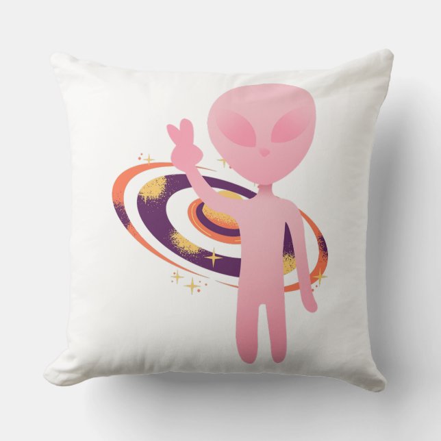 Cute Pink Alien Peace Sign Galaxy Vector Throw Pillow (Front)