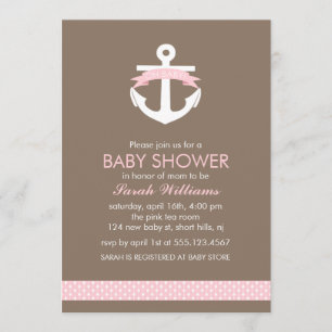 Cute Pink Anchor Nautical Theme Baby Shower Invitation