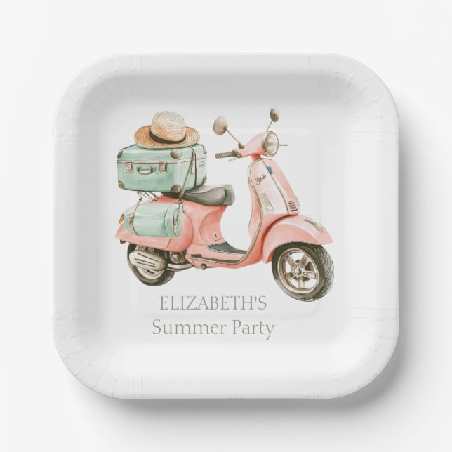 Cute Pink and Aqua Coastal Scooter Paper Plate (Front)
