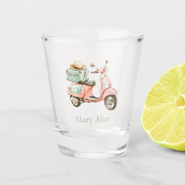Cute Pink and Aqua Coastal Scooter Shot Glass (Front)