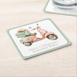 Cute Pink and Aqua Coastal Scooter Square Paper Coaster