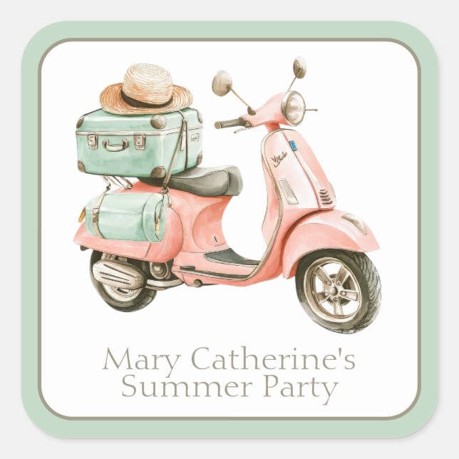 Cute Pink and Aqua Coastal Scooter Square Sticker (Front)