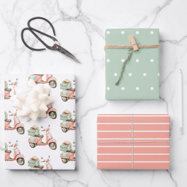 Cute Pink and Aqua Coastal Scooter Wrapping Paper Sheet (Front)