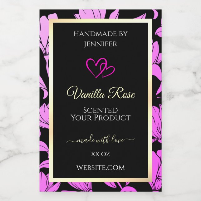 Cute Pink and Black Floral Product Labels Hearts (Single Label)