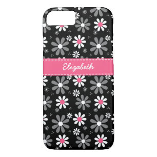 Cute Pink and Black Girly Mod Daisies With Name Case-Mate iPhone Case