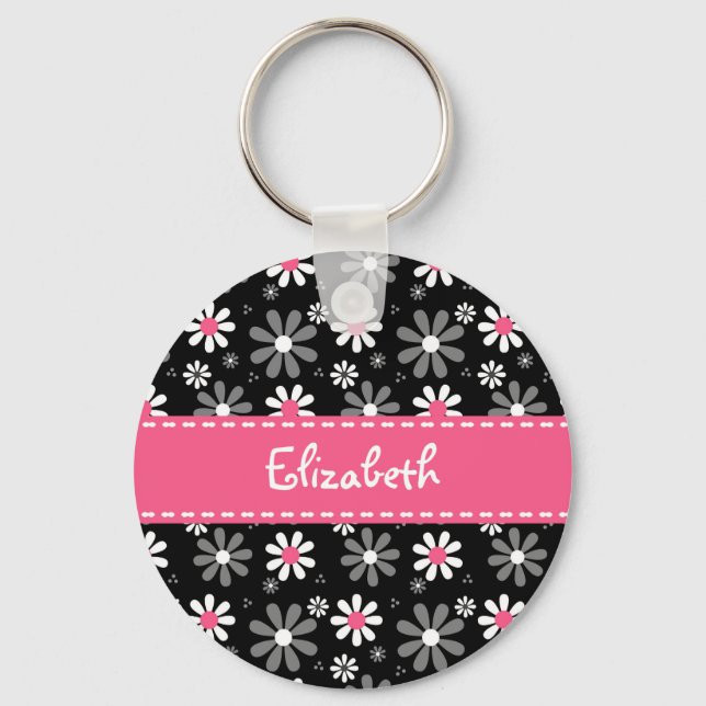 Cute Pink and Black Girly Mod Daisies With Name Keychain (Front)
