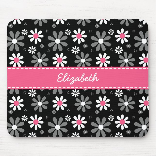 Cute Pink and Black Girly Mod Daisies With Name Mouse Pad (Front)