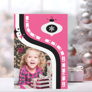 Cute Pink And Black Retro Merry Christmas Holiday Card