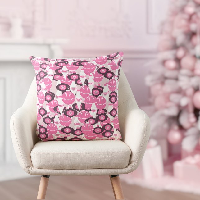 Cute Pink And Black Retro Merry Christmas  Throw Pillow (pretty pink and black festive merry Christmas throw pillow)