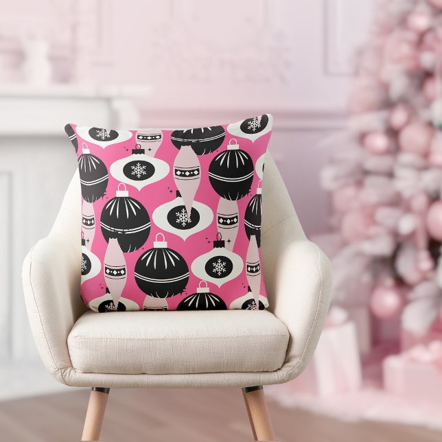 Cute Pink And Black Retro Merry Christmas  Throw Pillow (pretty pink and black festive merry Christmas throw pillow)