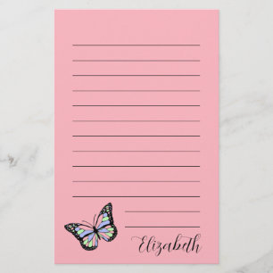Cute Pink and Black Script Name Colourful Butterfl Stationery