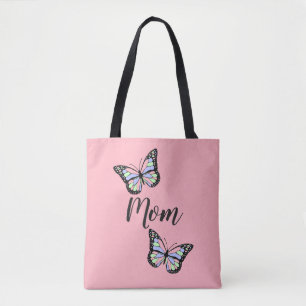 Cute Pink and Black Text Mom and Butterflies Tote Bag