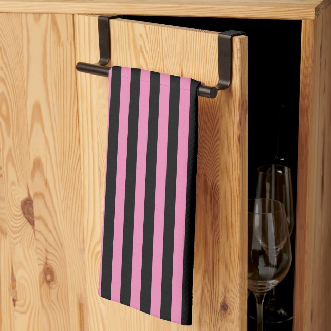 Cute Pink and Black Vertical Stripes Kitchen Towel (Thirds Fold)