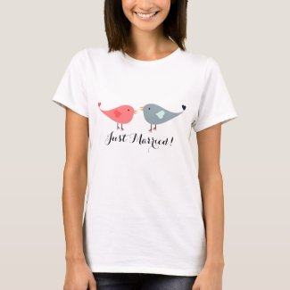 Cute Pink and Blue Bird Couple Just Married Tee