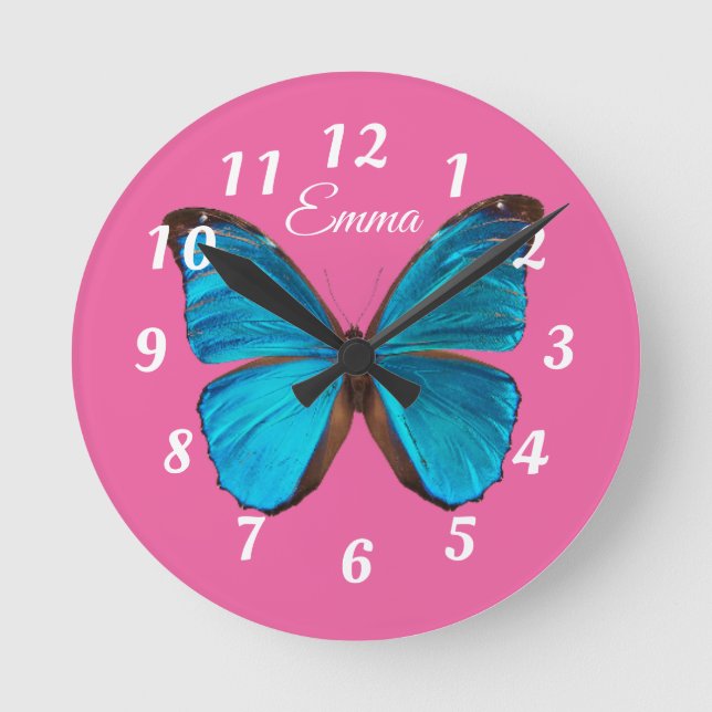 Cute Pink and Blue Butterfly Personalized Round Clock (Front)