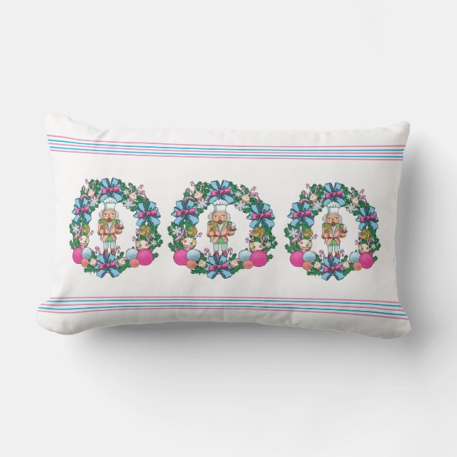 Cute Pink And Blue Christmas Nutcracker Wreath Lumbar Pillow (Front)