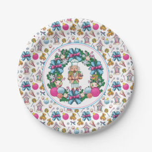 Cute Pink And Blue Christmas Nutcracker Wreath Paper Plate